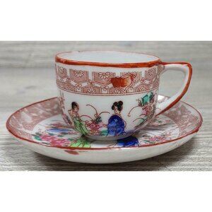 Japanese Kutani Geisha Lithophane Tea Cup & Saucer Set Red Blue White Vintage